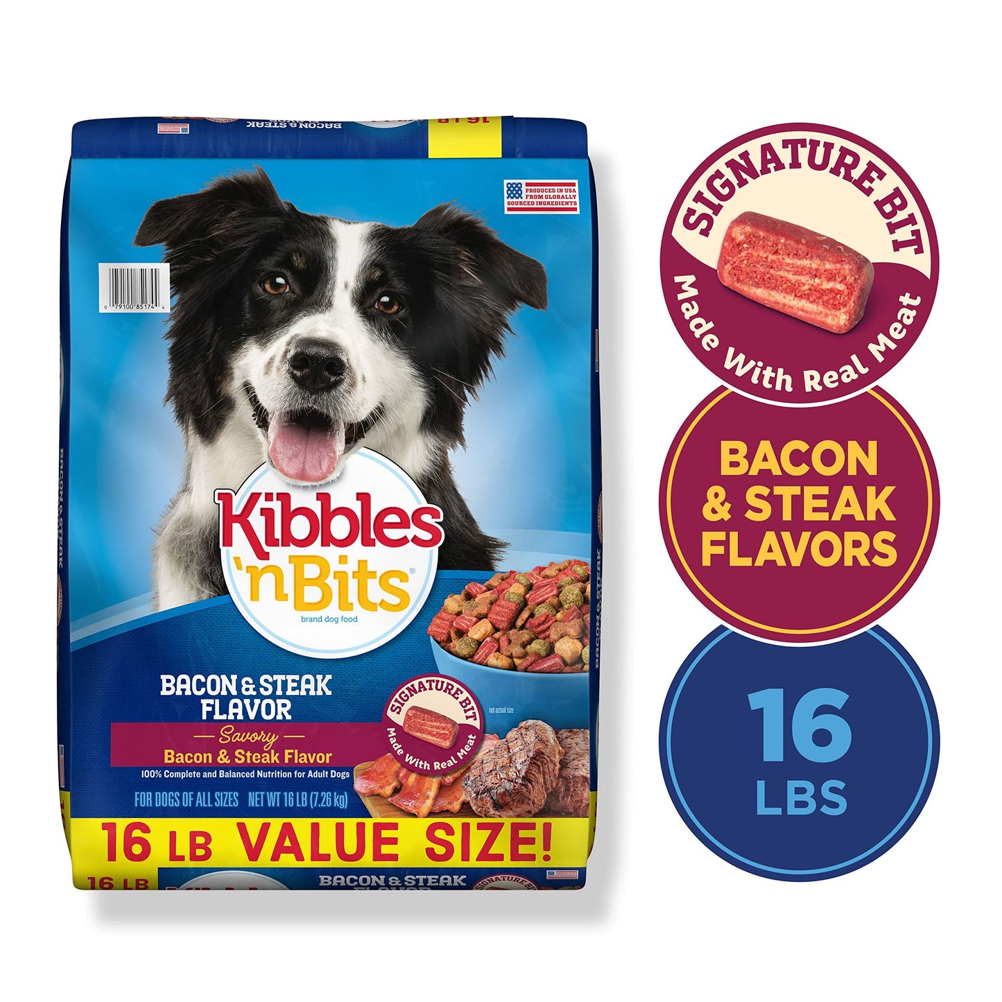 Kibbles Bacon & Steak Flavor Dry Dog Food, 16 lb Bag