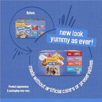 Purina Friskies Wet Cat Food Variety Pack, Shreds Beef and Chicken & Salmon - (Pack of 40)