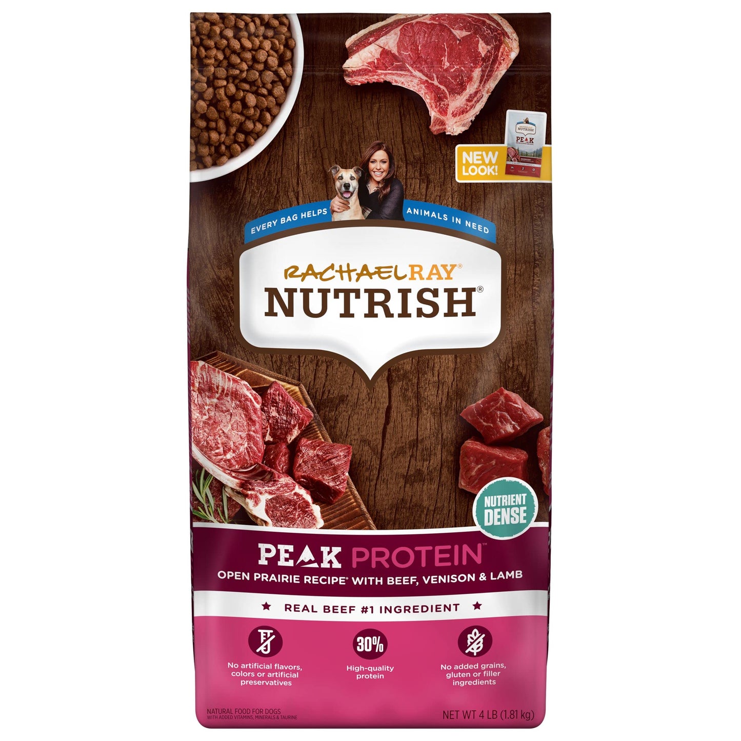 Rachael Ray Nutrish PEAK Natural Dry Dog Food with Added Vitamins, Minerals & Taurine, Open Prairie Recipe with Beef, Venison & Lamb, 4 Pounds, Grain Free (Packaging May Vary)