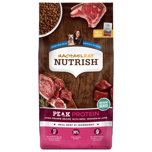 Rachael Ray Nutrish PEAK Natural Dry Dog Food with Added Vitamins, Minerals & Taurine, Open Prairie Recipe with Beef, Venison & Lamb, 4 Pounds, Grain Free (Packaging May Vary)