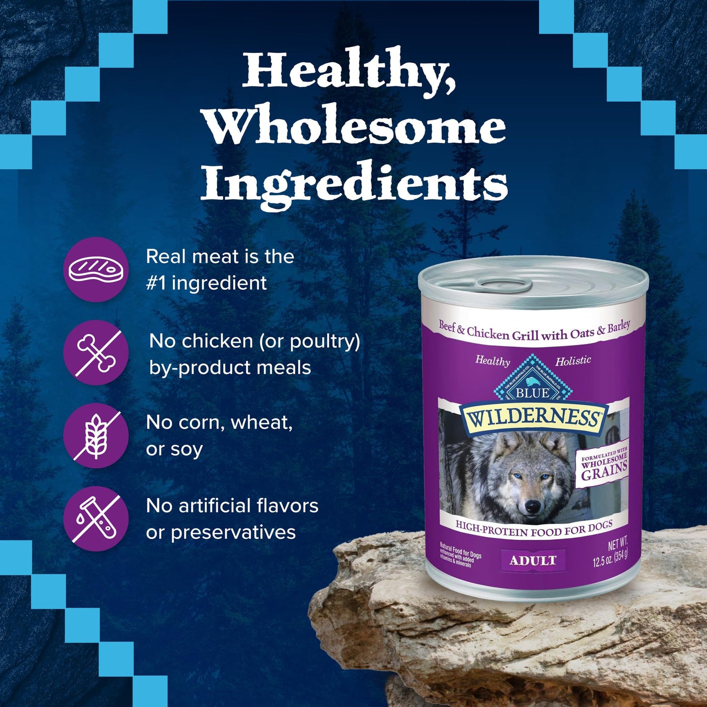 Wilderness Adult Wet Dog Food with Wholesome Grains, Made with Natural Ingredients, Beef & Chicken Grill, 12.5-oz. Can (12 Count)